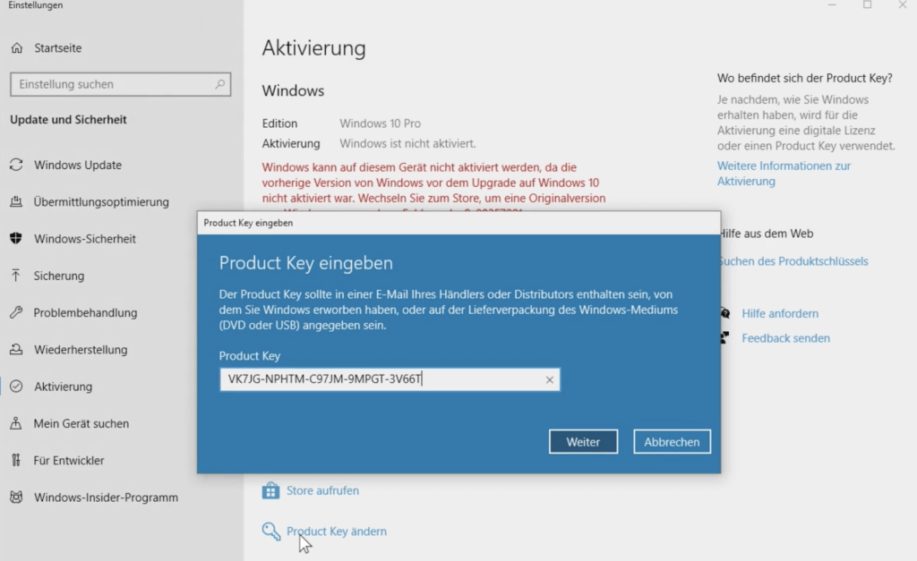 windows 10 pro aktivierung eingabe generischer key