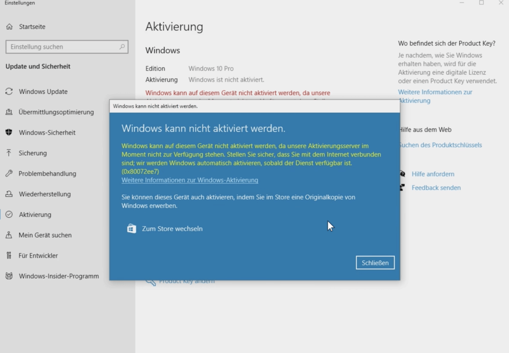 windows 10 pro aktivierung fehlermeldung generischer key